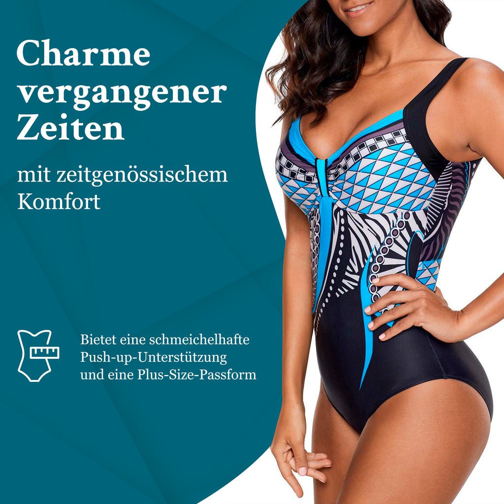 Marina | Retro Blauer Push-Up Badeanzug in Übergröße