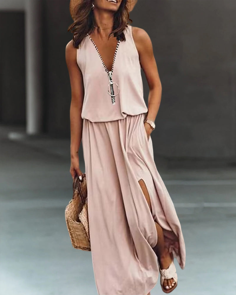 Zara - Schwarzes Kleid mit Reißverschluss und Schlitz