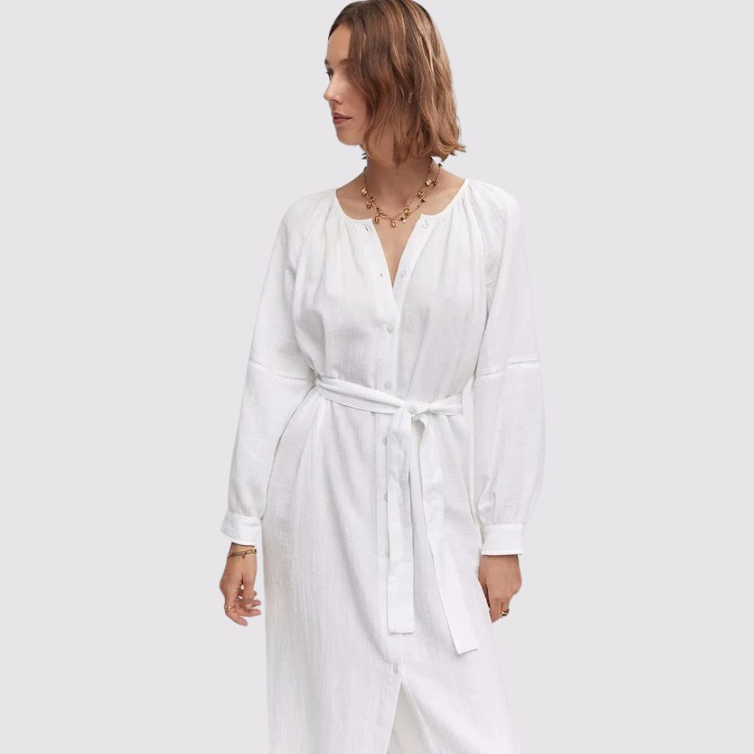 Lotte - Weiße Hemdblusen-Stil Midi-Kleid mit Puffärmeln
