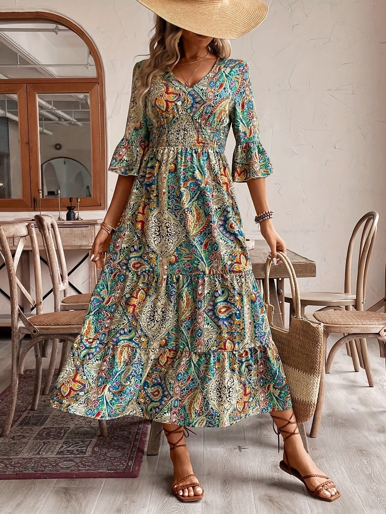 Grüne Paisley V-Ausschnitt-Kleid - Jade