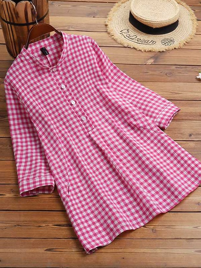 Chique Damen Karo 3/4 Ärmel Bluse