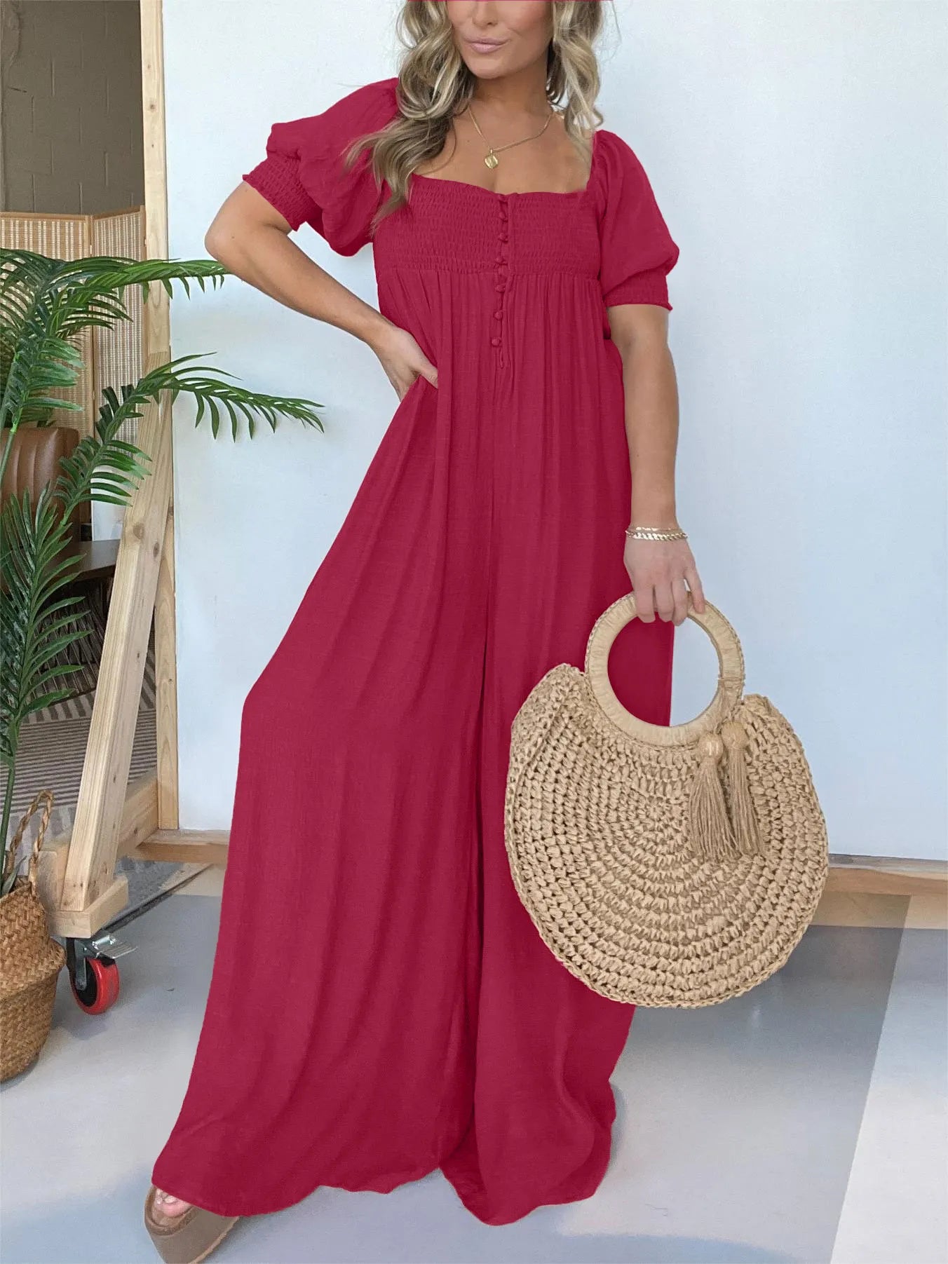 Eloise - Rostfarbener Jumpsuit mit quadratischem Ausschnitt und gerafftem Oberteil