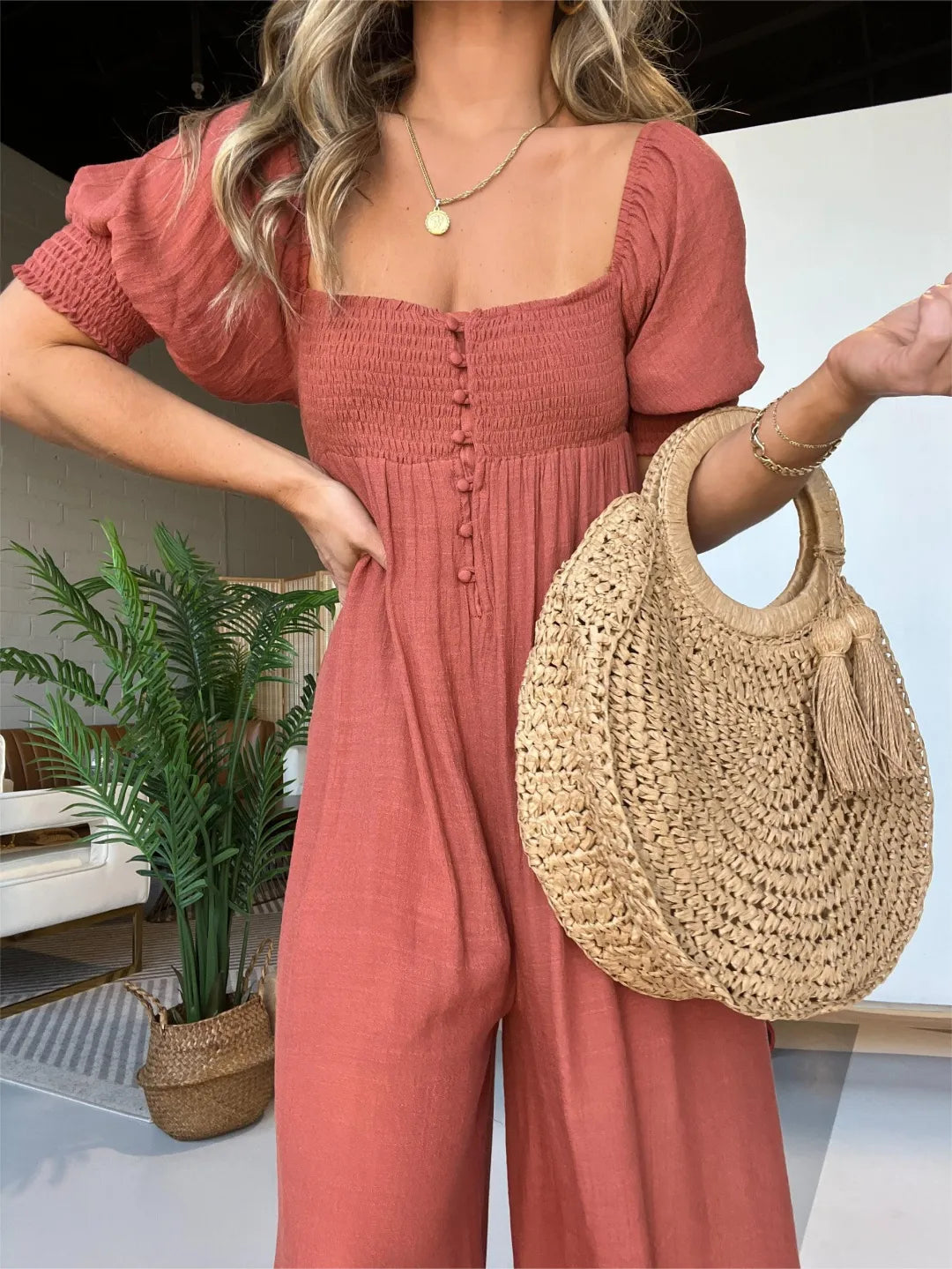 Eloise - Rostfarbener Jumpsuit mit quadratischem Ausschnitt und gerafftem Oberteil