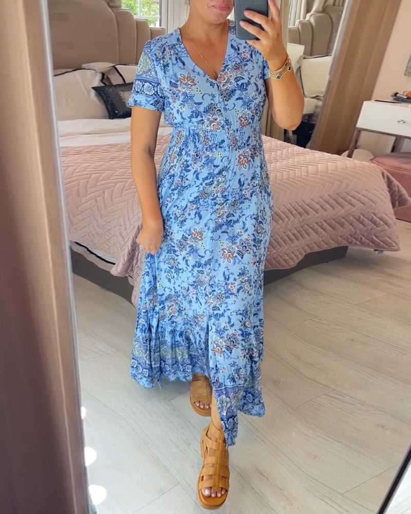 Aria - Blaues Boho-Kleid mit Blumenmuster für lässige Tage