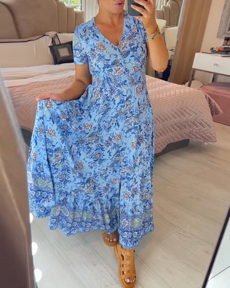 Aria - Blaues Boho-Kleid mit Blumenmuster für lässige Tage