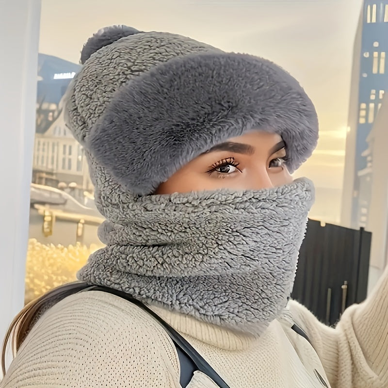Braune Flauschige Wintermütze mit Schal - Lena