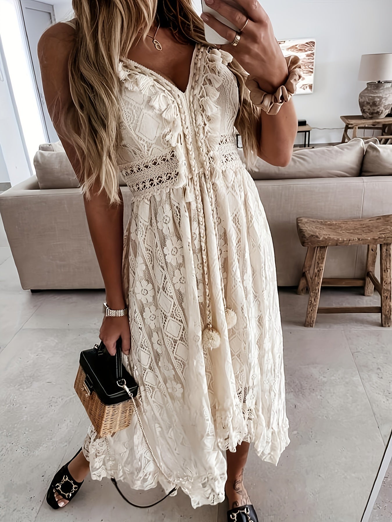 Apricotfarbenes Boho-Maxi-Swingkleid - Mila
