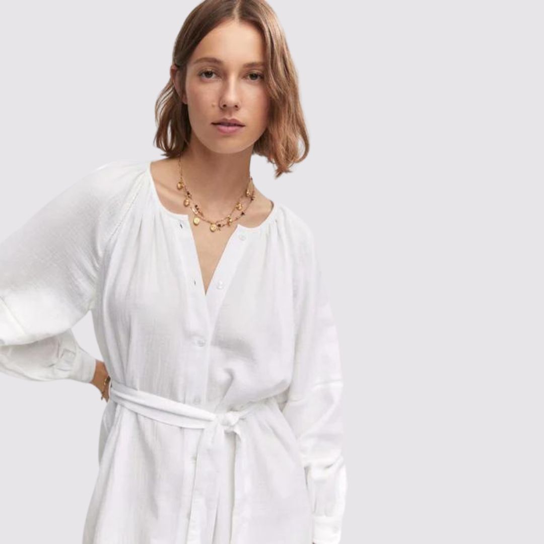Lotte - Weiße Hemdblusen-Stil Midi-Kleid mit Puffärmeln