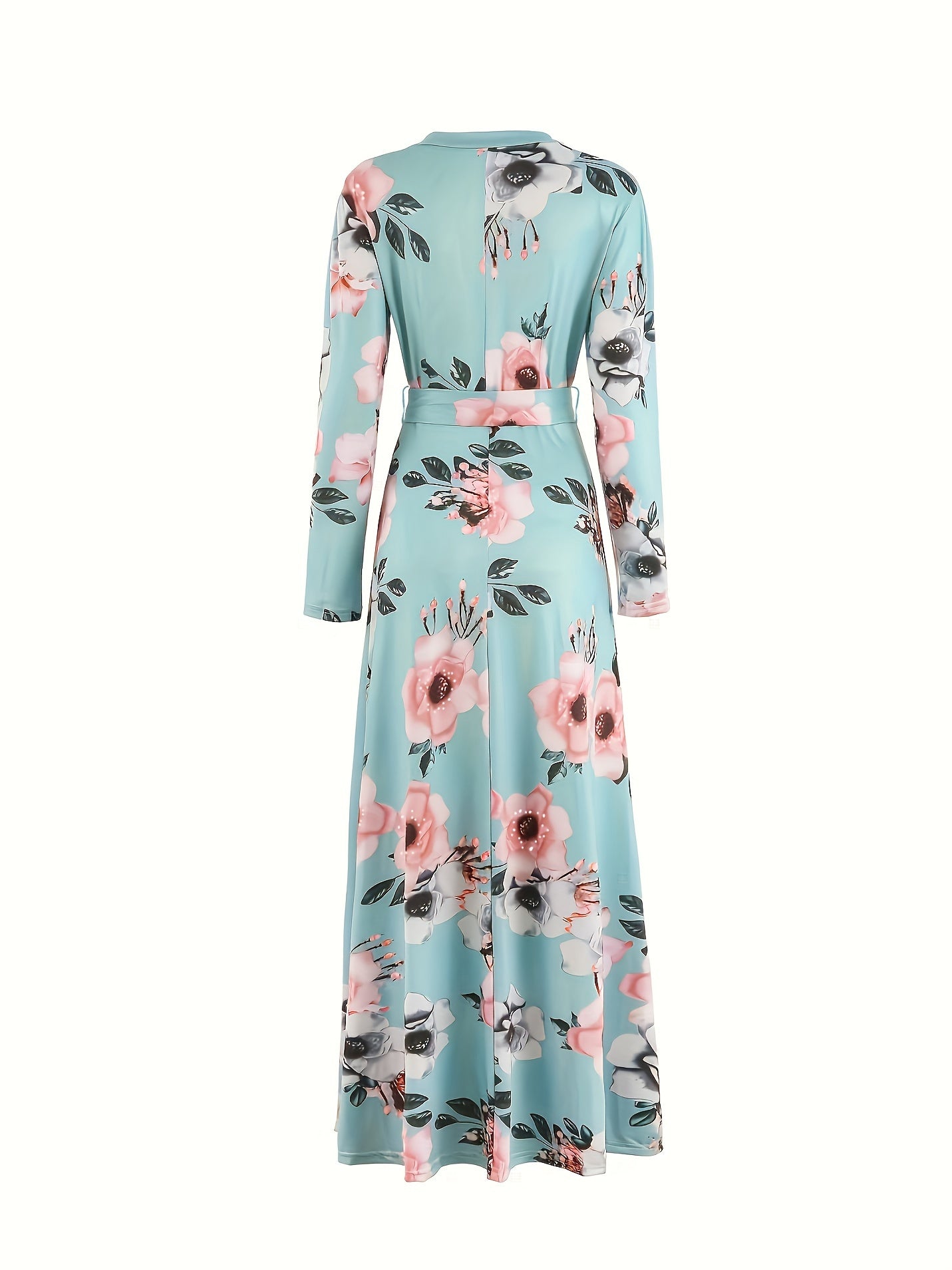 Pastellblaue Blumen-Kleid mit Bindegürtel - Liana