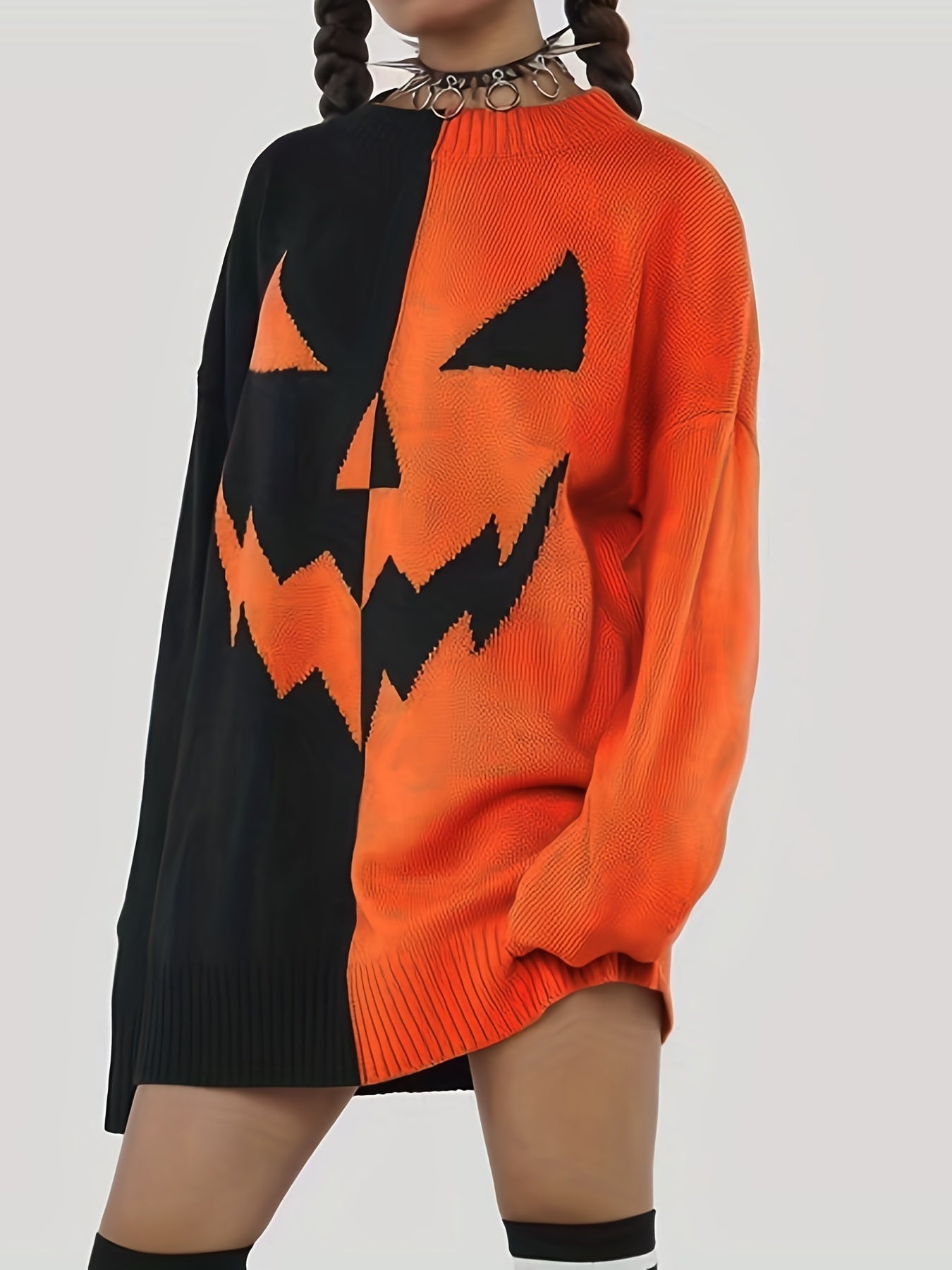 Orangefarbenes Schwarzes Halloween-Kürbis-Sweaterkleid - Emma