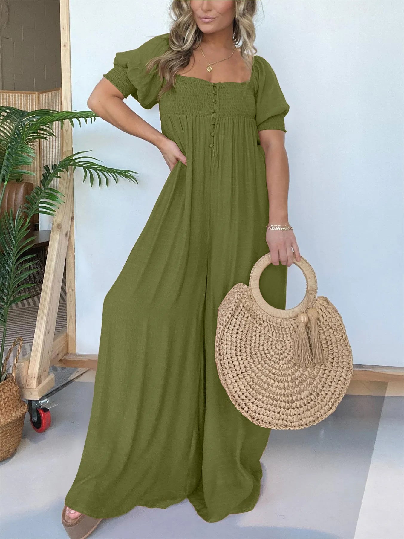 Eloise - Rostfarbener Jumpsuit mit quadratischem Ausschnitt und gerafftem Oberteil
