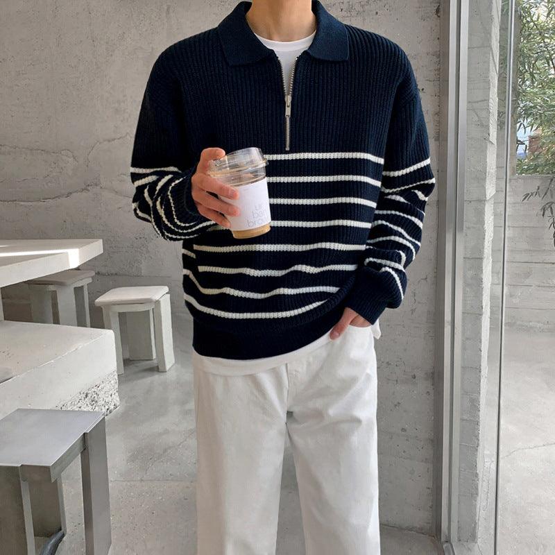 Gestreifter Quarter-Zip Pullover Blau-Weiß - Luca