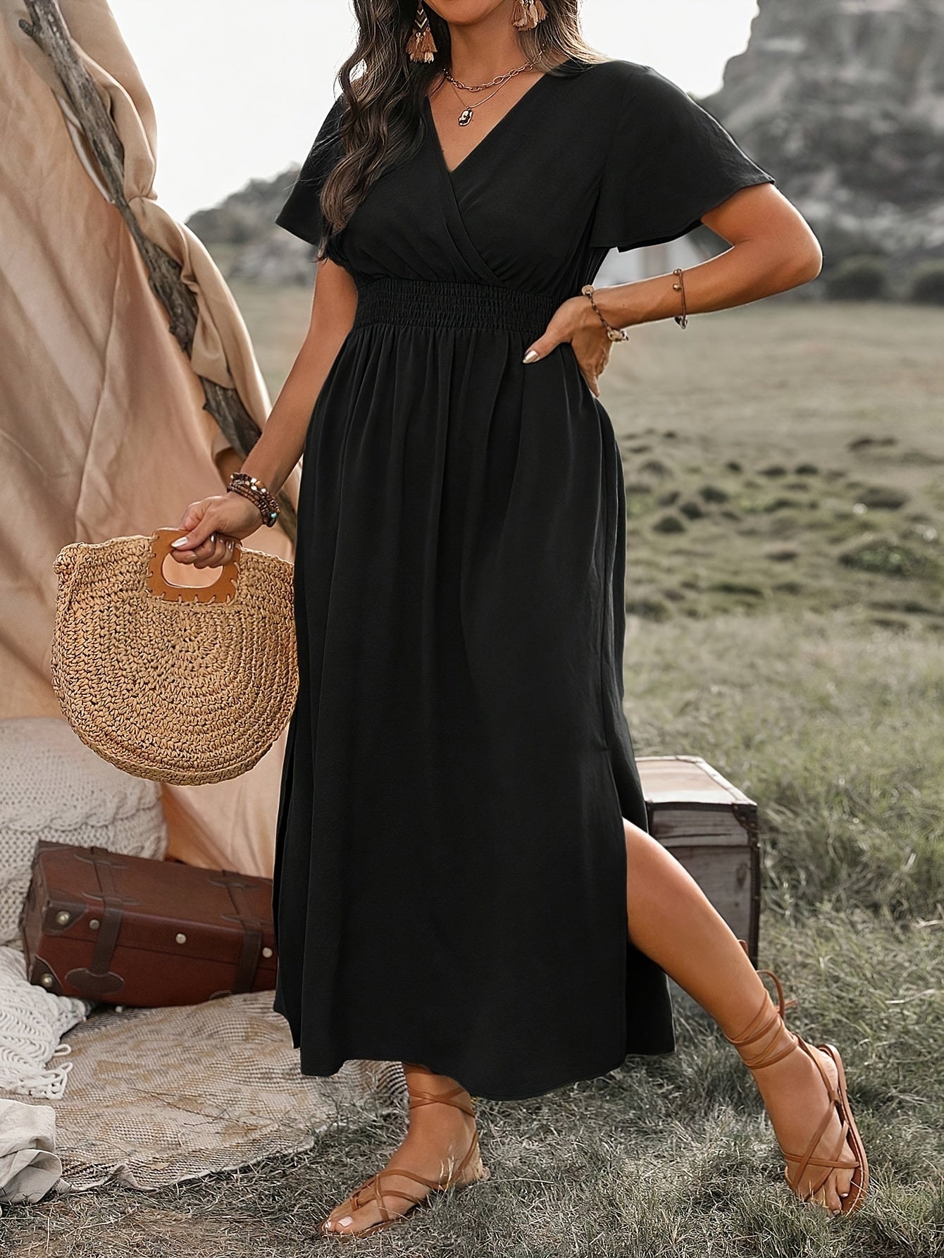 Armeegrünes Gerafftes Wickelkleid - Mila