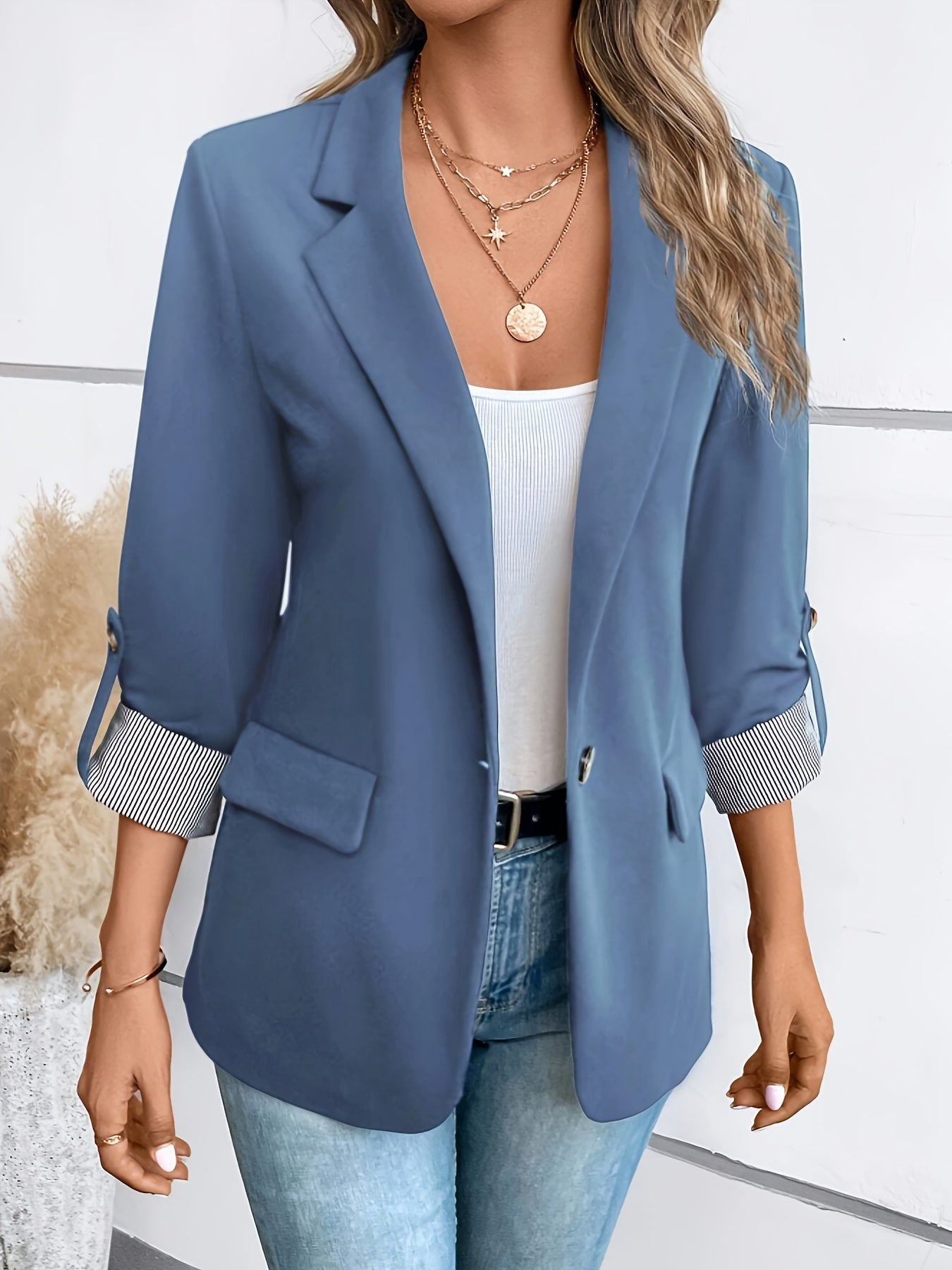 Dunkelblauer Einreihiger Blazer mit Revers - Sofia