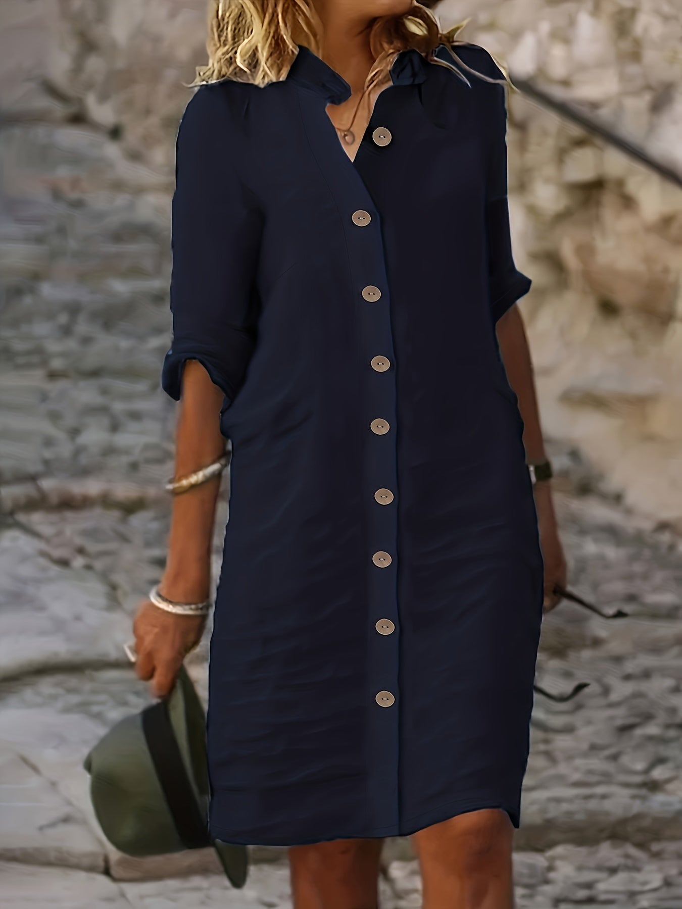 Marineblaues Elegantes Hemdblusenkleid - Clara