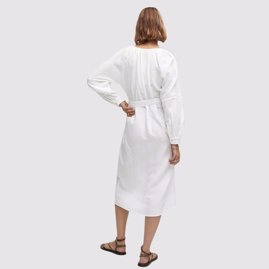 Lotte - Weiße Hemdblusen-Stil Midi-Kleid mit Puffärmeln