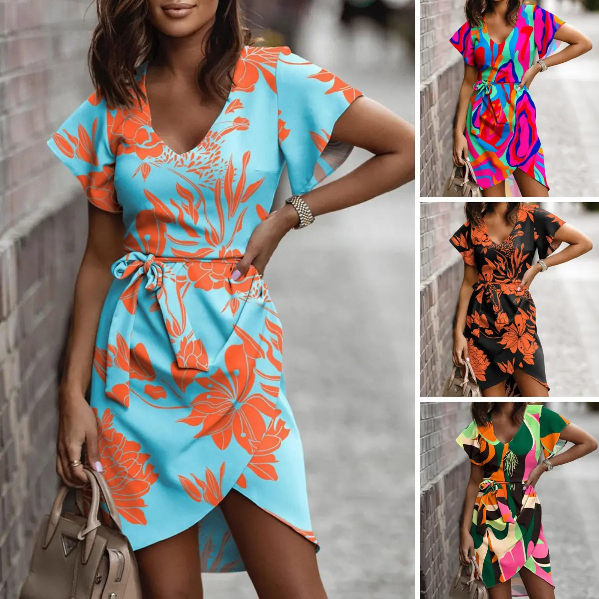 Maya - Kleid mit V-Ausschnitt und Einzigartigem Druck in Blau-Orange