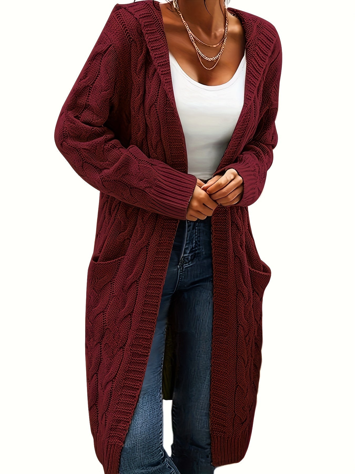 Schwarze Strick-Kapuzenjacke mit Zopfmuster – Nora