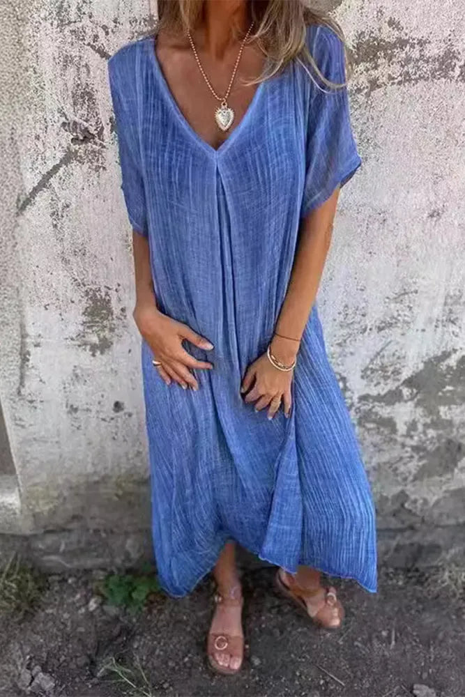 Fiona - Rosa Bequemes Langes Kleid mit V-Ausschnitt