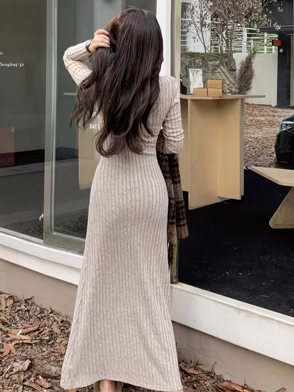 Aprikosen Ribstrick Fit & Flare Kleid - Emma