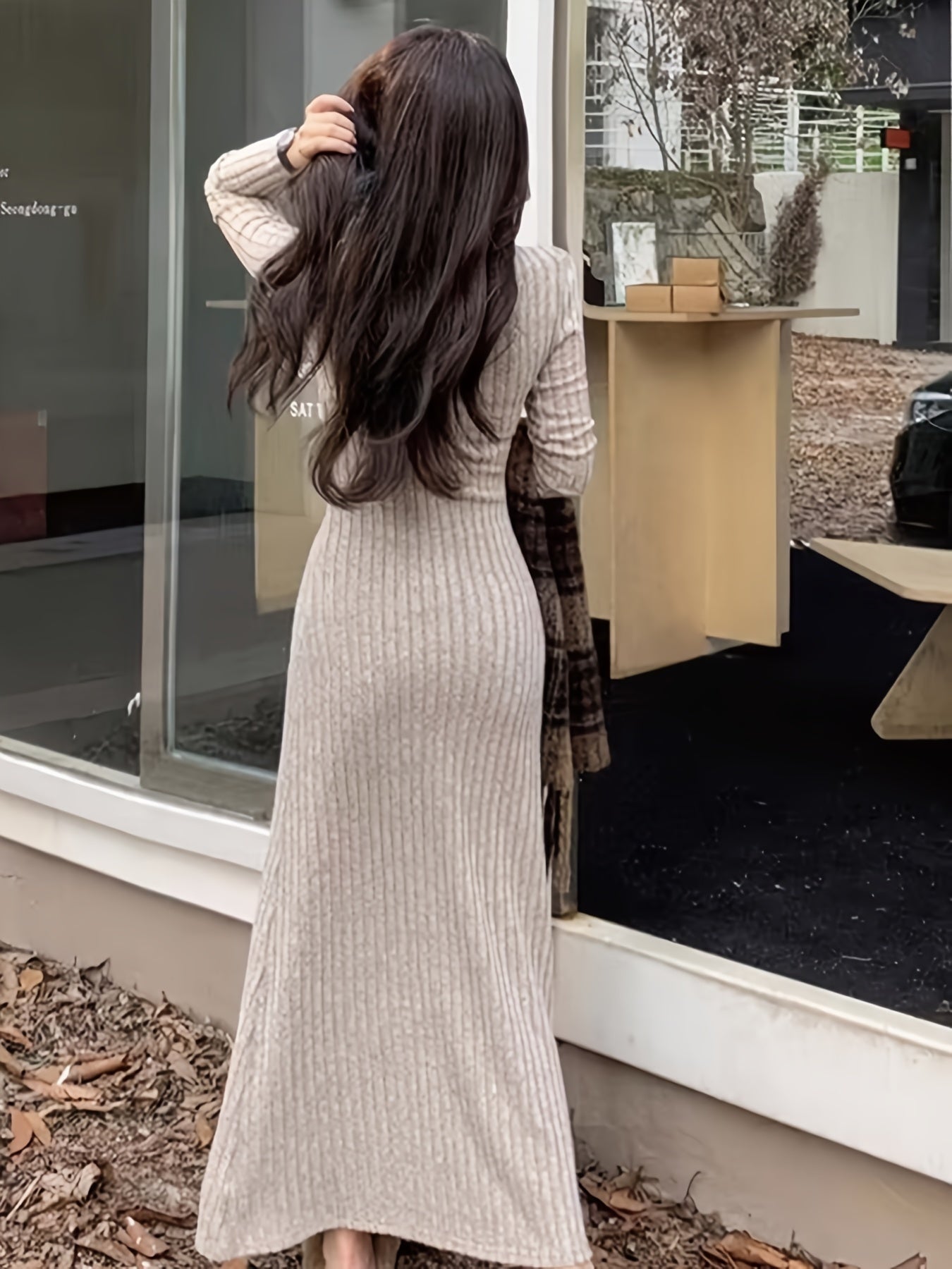 Aprikosen Ribstrick Fit & Flare Kleid - Emma