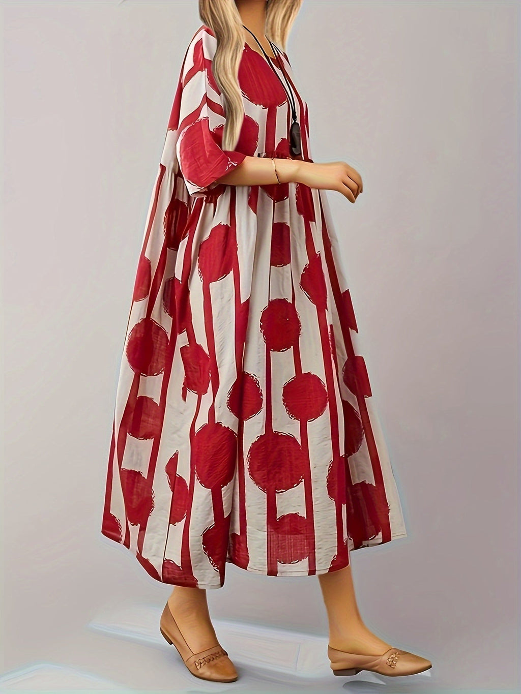 Rotes Pünktchen- und Streifenmuster-Kleid - Anna