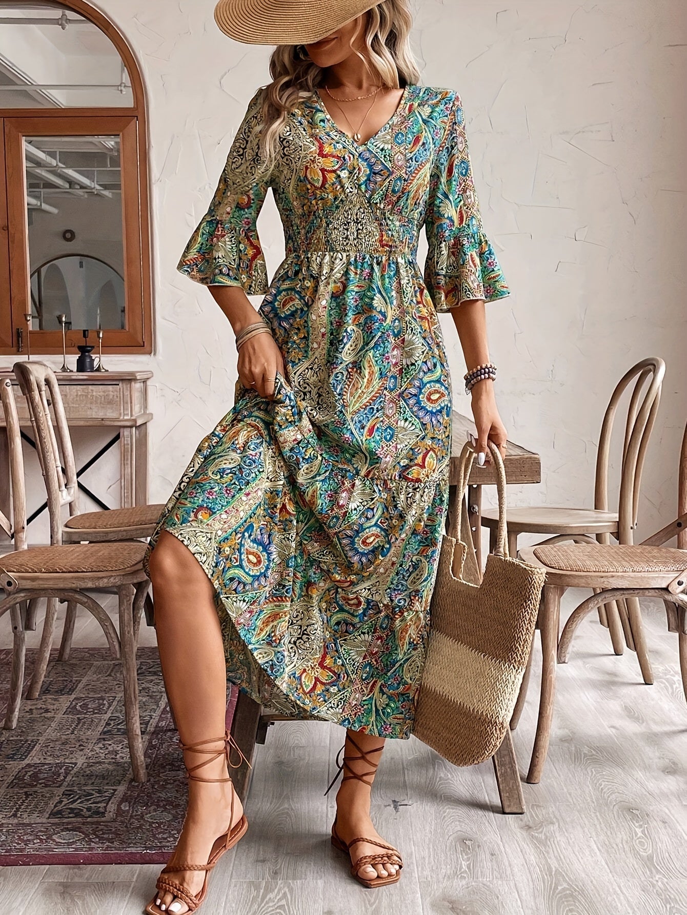 Grüne Paisley V-Ausschnitt-Kleid - Jade