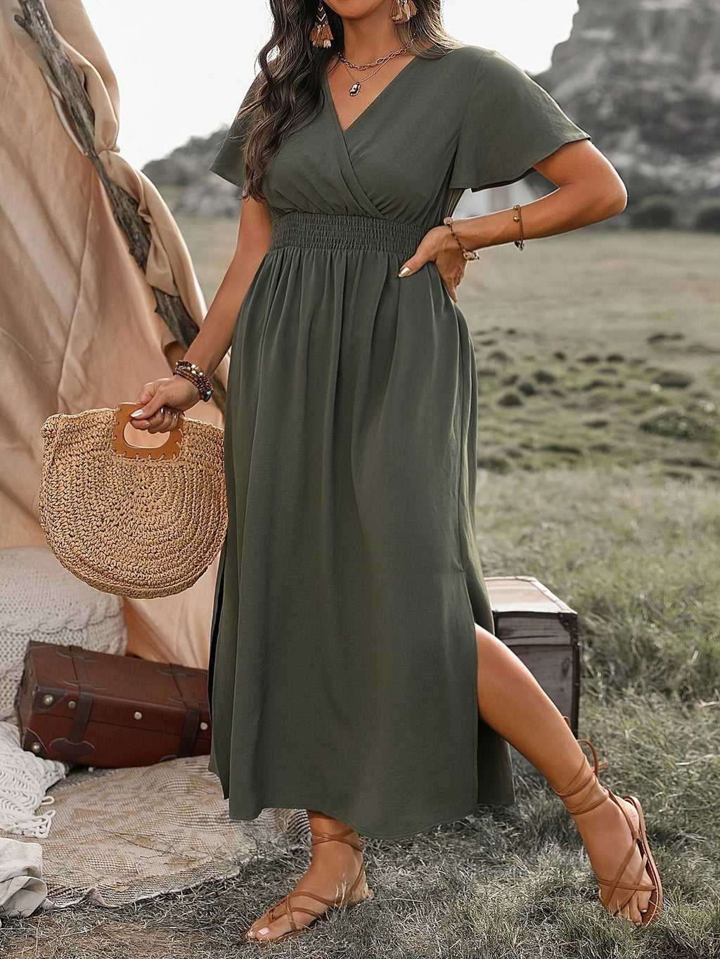 Armeegrünes Gerafftes Wickelkleid - Mila