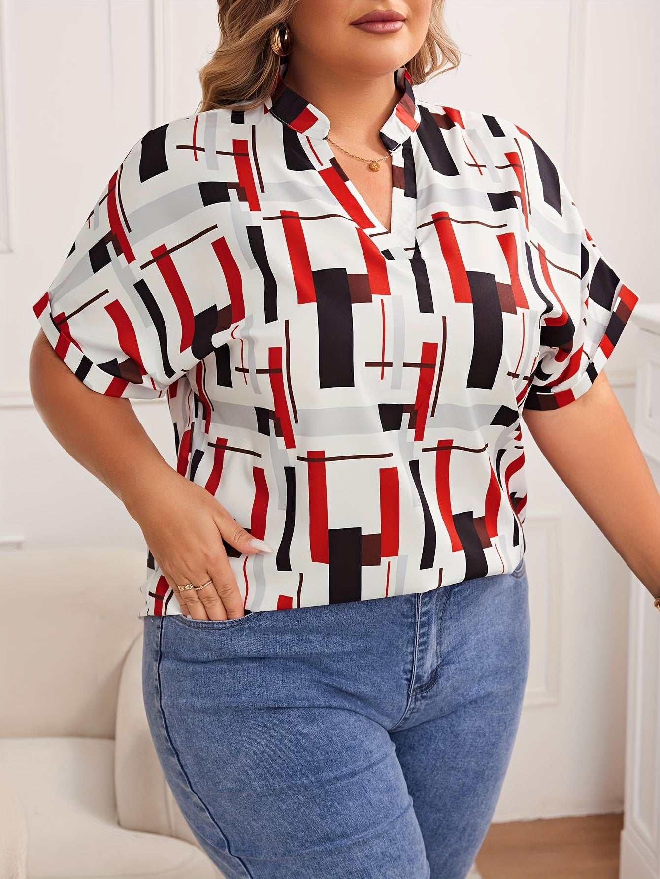 Rotes Shirt mit Geometrischem Muster - Anna