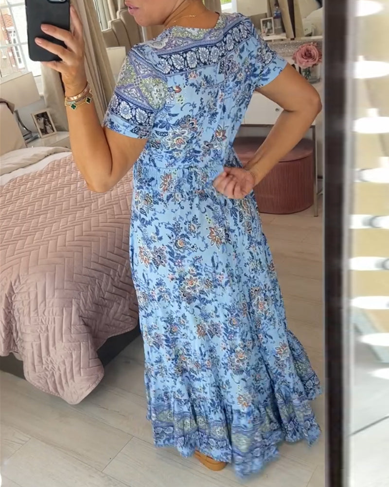 Aria - Blaues Boho-Kleid mit Blumenmuster für lässige Tage