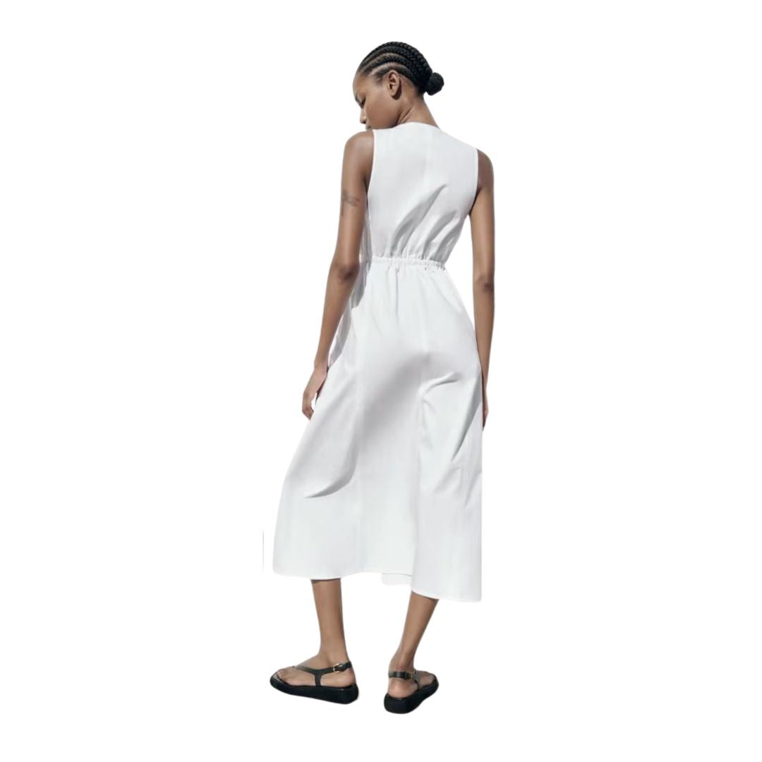 Eva's Weiße Midi-Kleid mit V-Ausschnitt