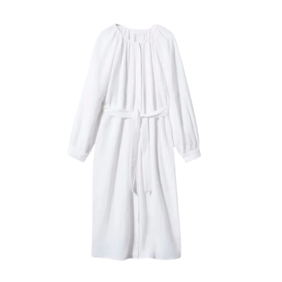 Lotte - Weiße Hemdblusen-Stil Midi-Kleid mit Puffärmeln