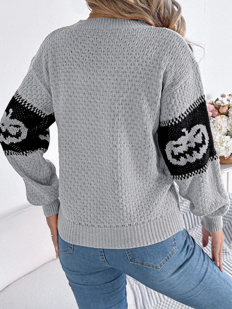 Orangener Color-Block Pullover mit Kürbismotiv – Lea