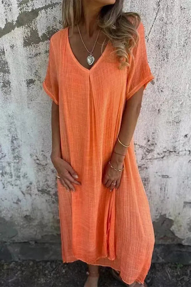 Fiona - Rosa Bequemes Langes Kleid mit V-Ausschnitt