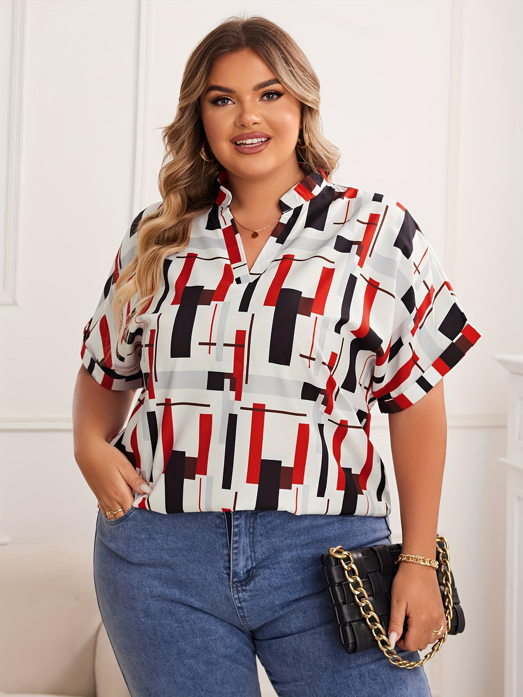 Rotes Shirt mit Geometrischem Muster - Anna
