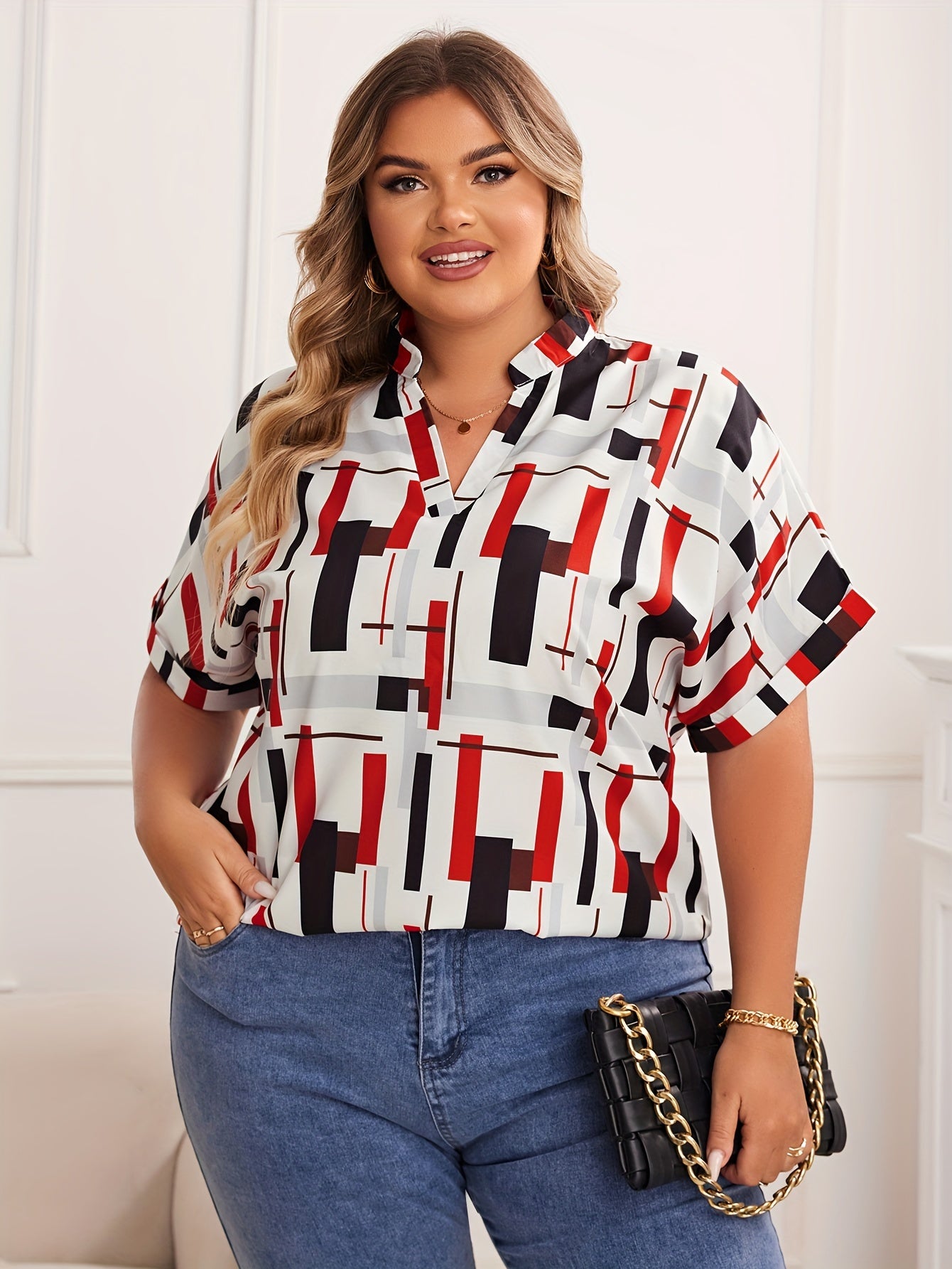 Rotes Shirt mit Geometrischem Muster - Anna
