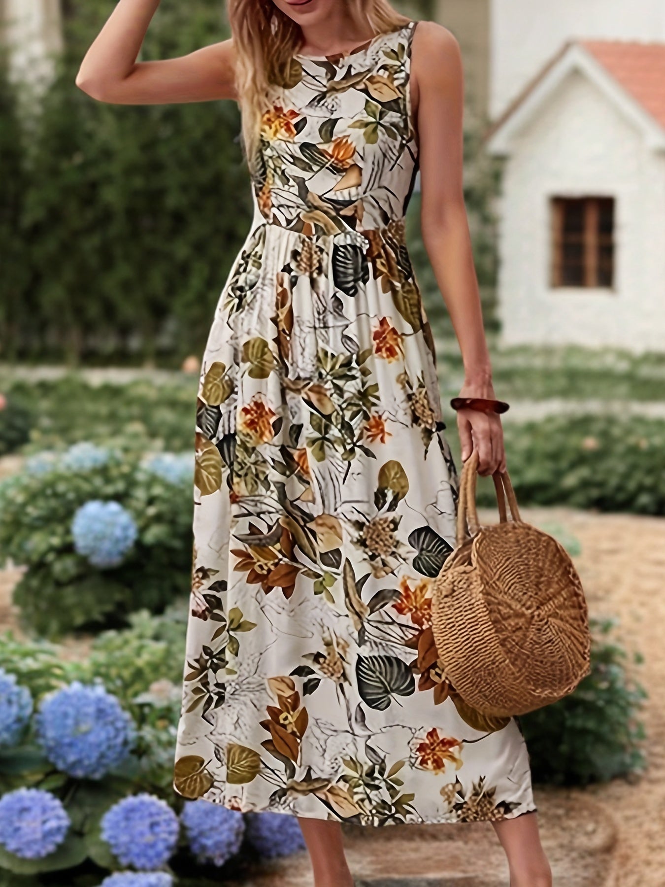 Aprikosenfarbene Blumen-Midi-Kleid - Ella
