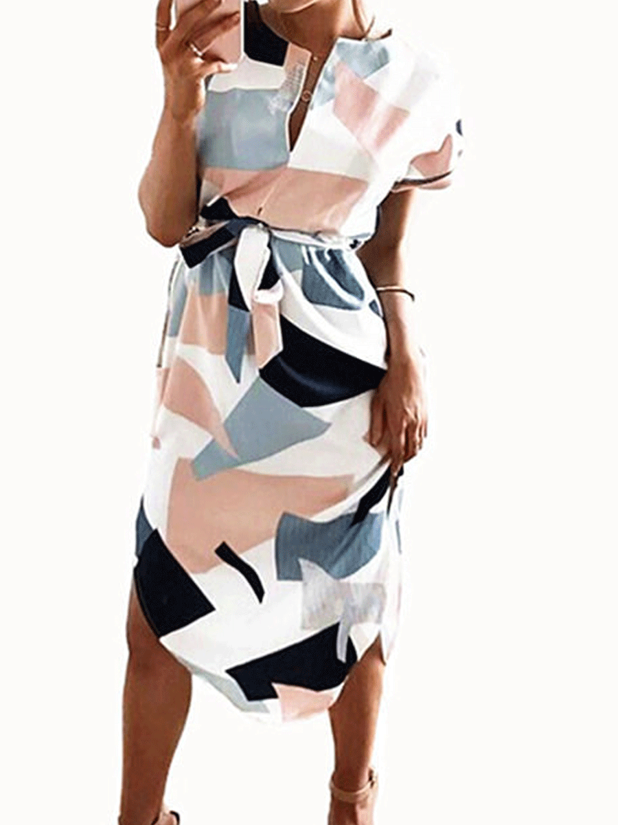 Weißes V-Ausschnitt Printkleid - Alina