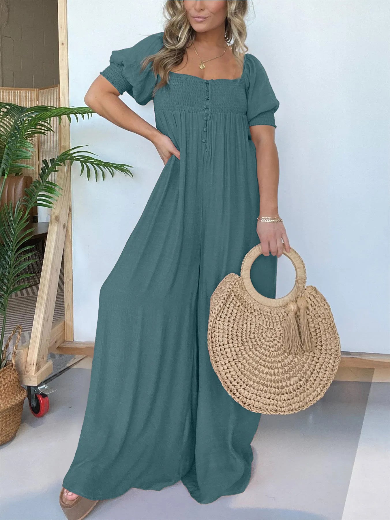 Eloise - Rostfarbener Jumpsuit mit quadratischem Ausschnitt und gerafftem Oberteil