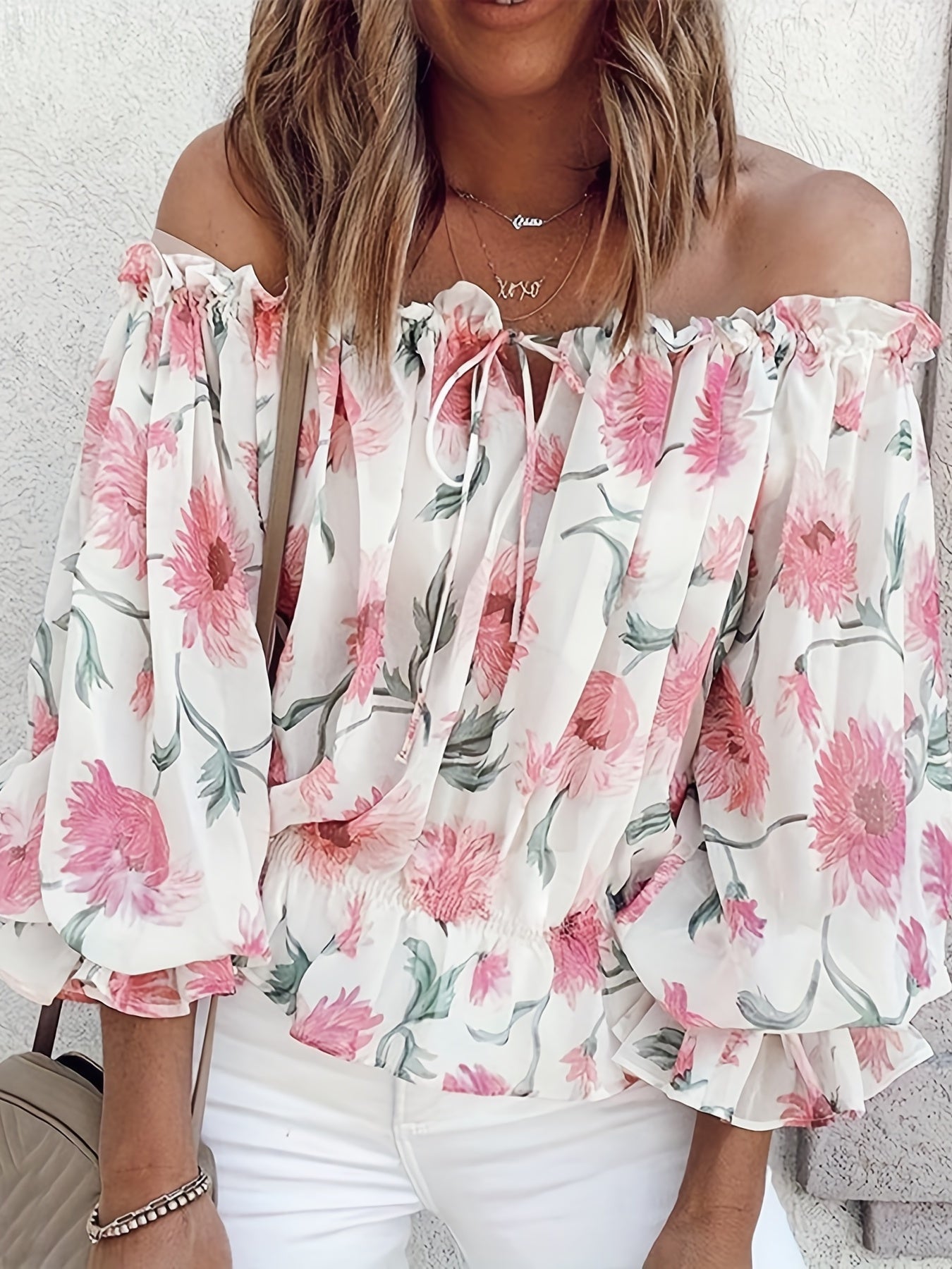 Rosa Rüschenbluse mit Blumenmuster - Olivia