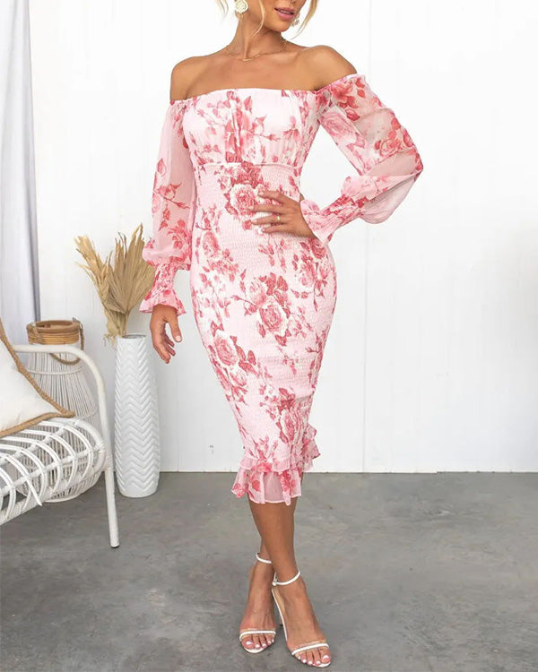 Rosa Blumen Off-Shoulder Kleid - Elin