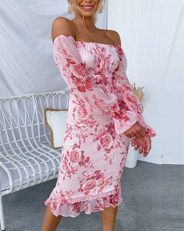 Rosa Blumen Off-Shoulder Kleid - Elin