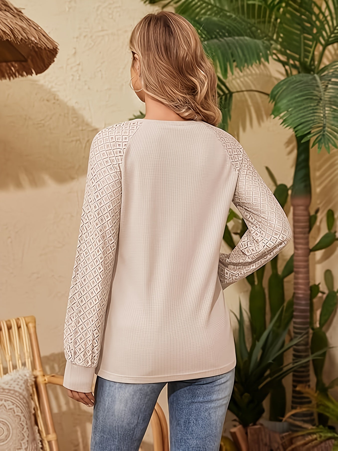 Dunkelblaues Waffelstrick-Shirt mit Spitze – Sophie