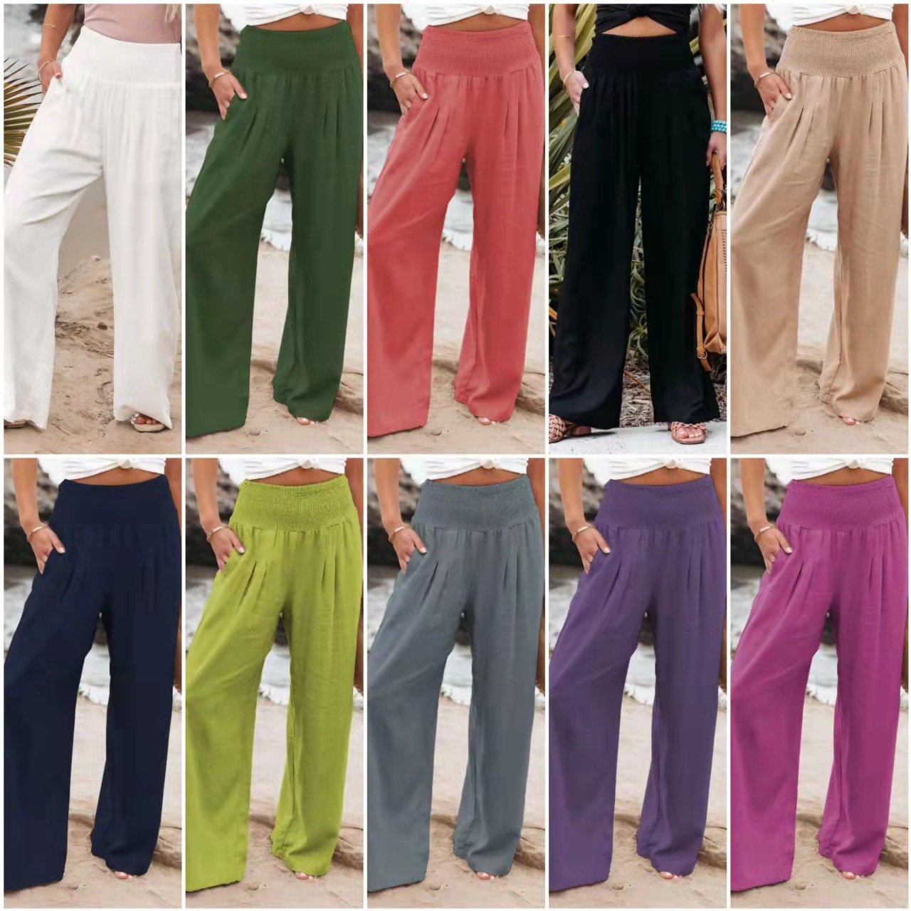 Weiße Weite Hose mit Hohem Elastischem Bund - Mia