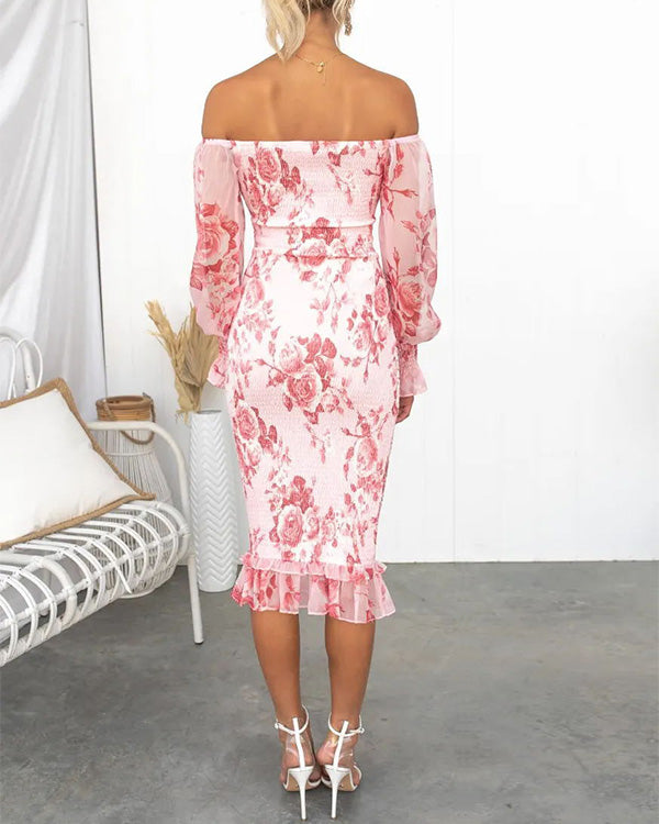 Rosa Blumen Off-Shoulder Kleid - Elin