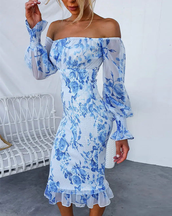 Rosa Blumen Off-Shoulder Kleid - Elin