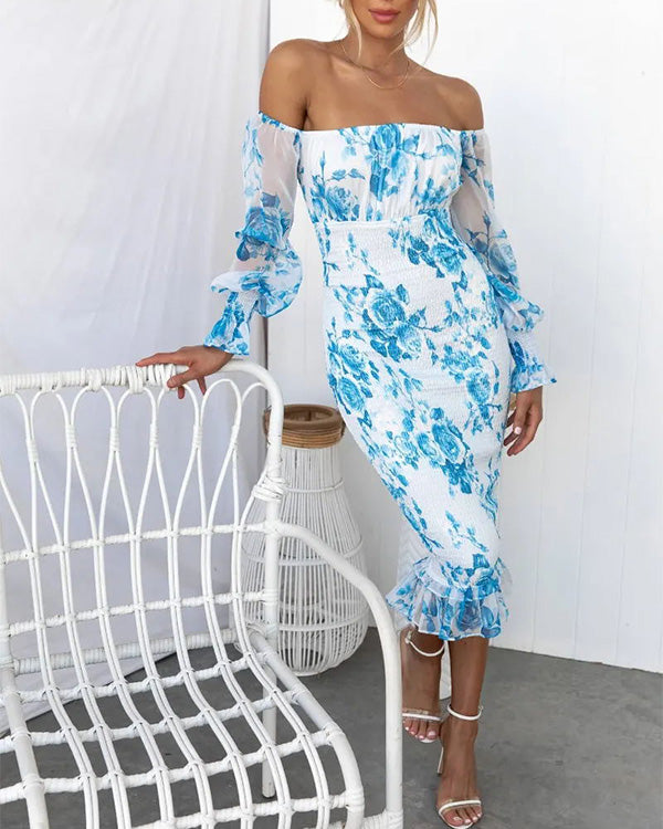 Rosa Blumen Off-Shoulder Kleid - Elin