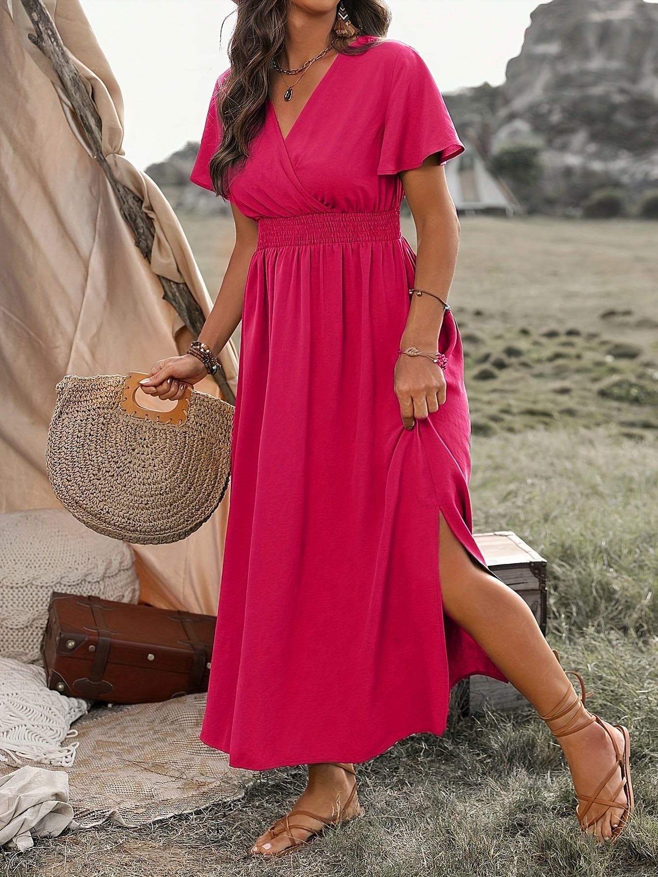 Armeegrünes Gerafftes Wickelkleid - Mila