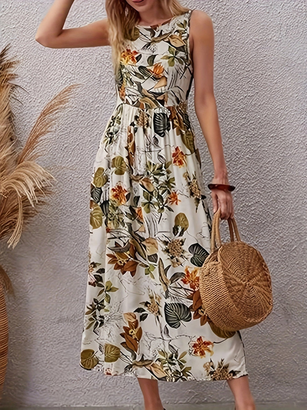 Aprikosenfarbene Blumen-Midi-Kleid - Ella