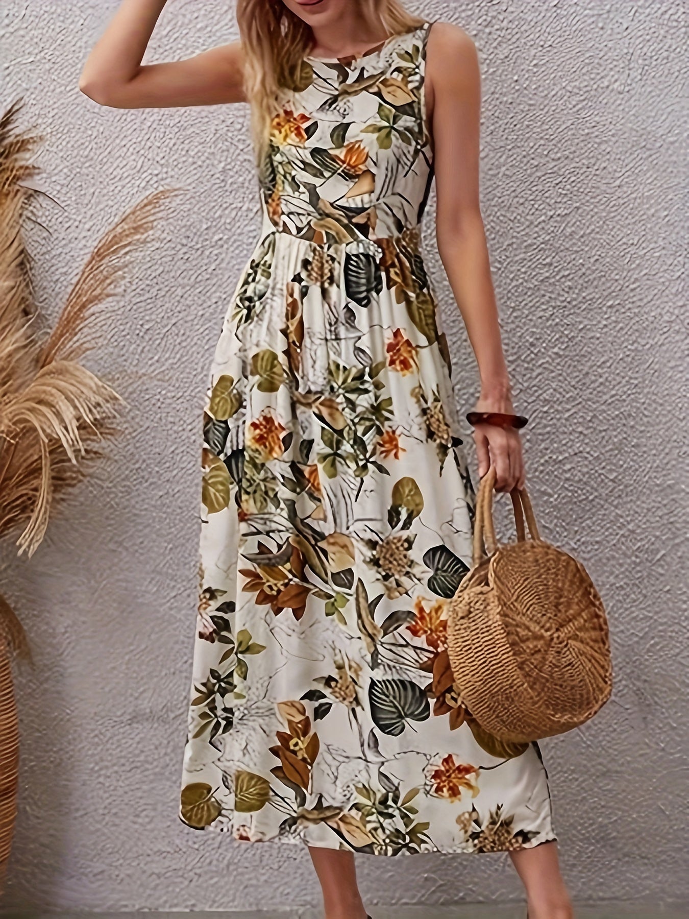 Aprikosenfarbene Blumen-Midi-Kleid - Ella
